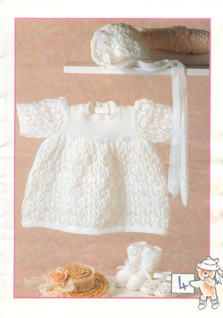 Lacy dress Bonnet and bottees knit pattern - Knitting Bee