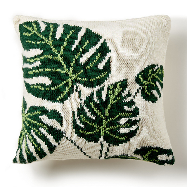 Free Knitting Pattern for a Tropical Leaf Pillow.
