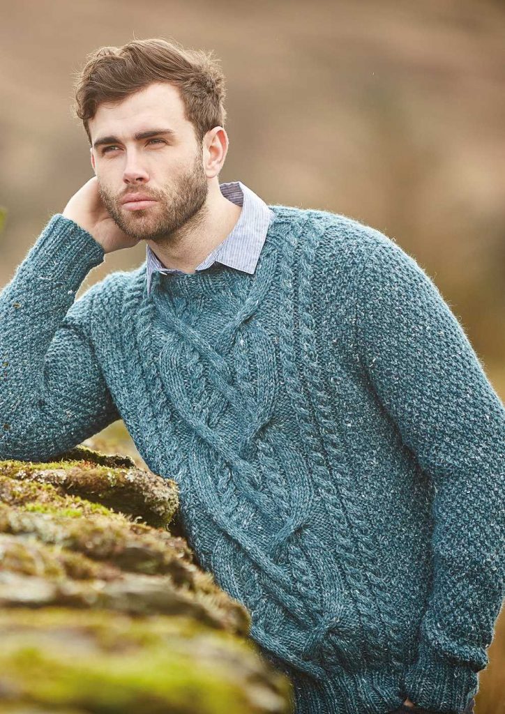 mens pullover sweater with cable sleeve pattern
