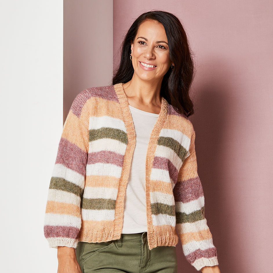 Free Knitting Pattern for a Moda Vera Faux Mo Stripe Cardigan